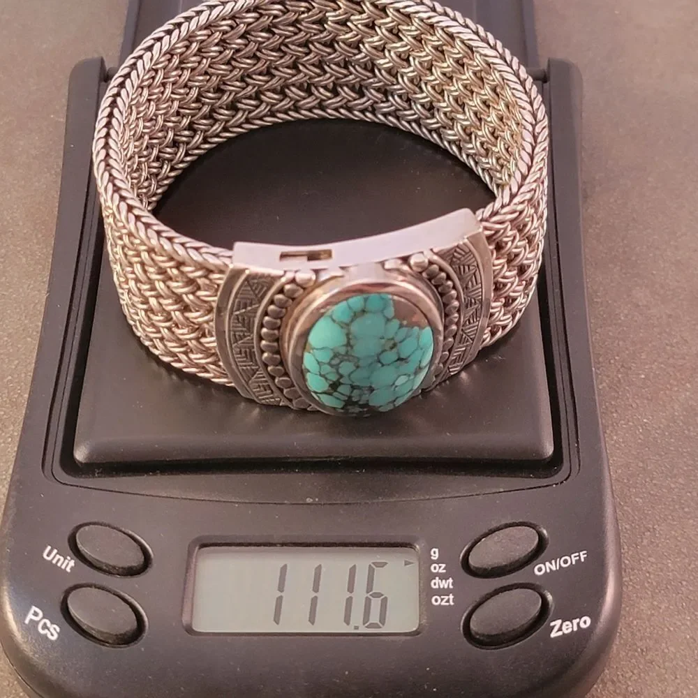 Sterling Heavy Turquoise Wide Woven Chain Toggle Bracelet